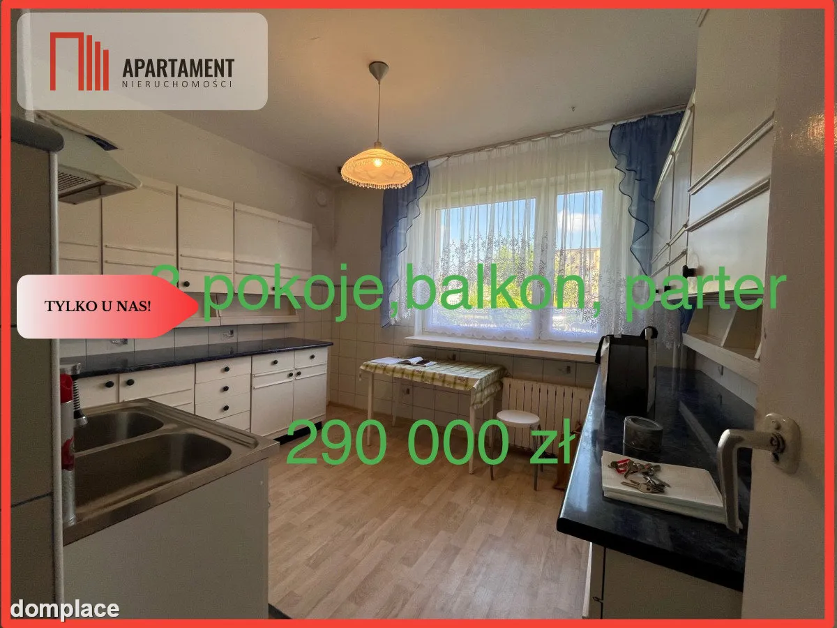 3 pokoje,parter,balkon,63m,do remontu,cena .