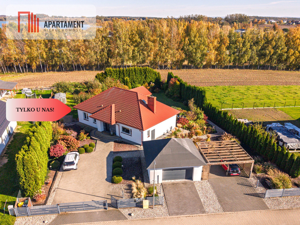 Parterowy dom, garaż, ogród, jezioro, Mazury