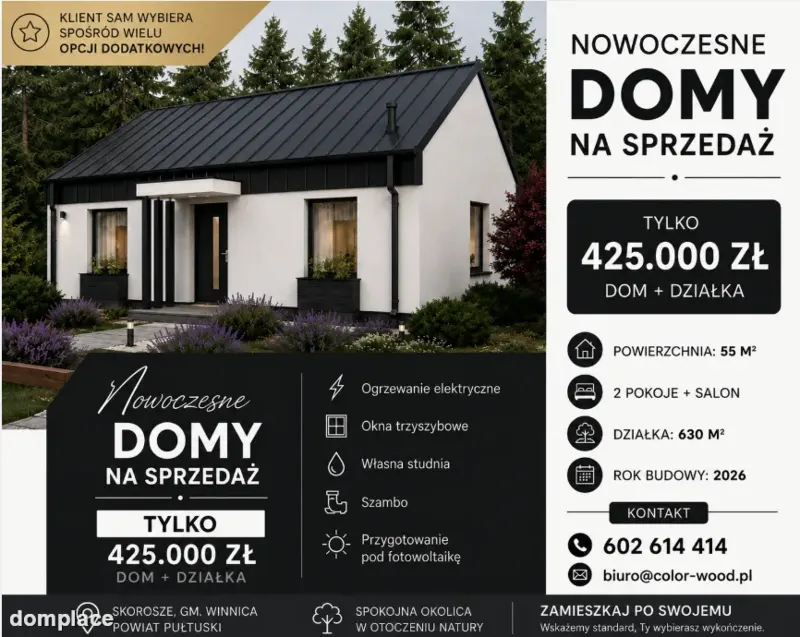 NOWY DOM W CENIE MIESZKANIA | 55 m² + DZIAŁKA 630 m² 45km od Warszawy