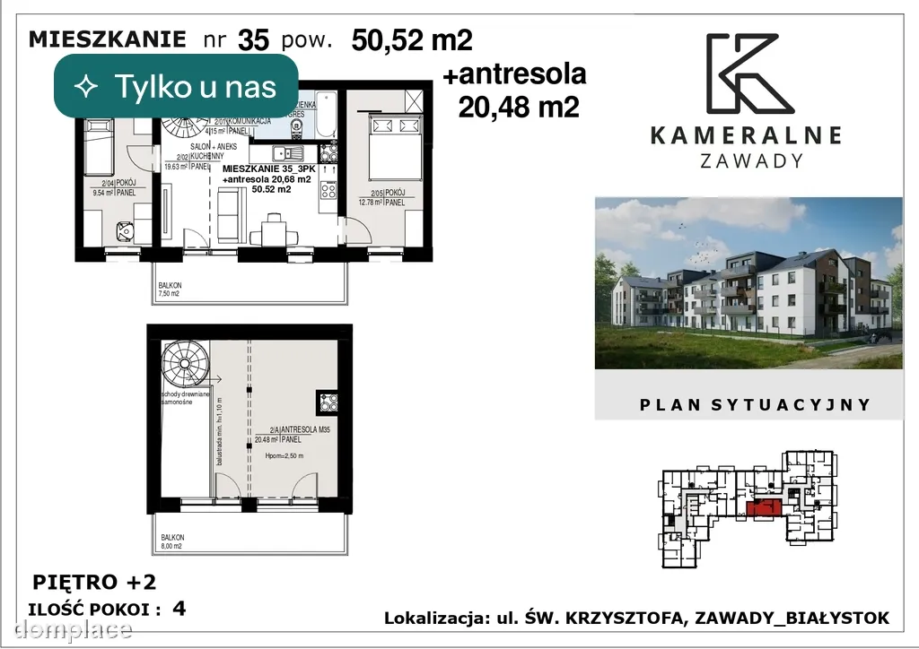 Kameralne Zawady - 50,52m2 + antresola 20,68m2