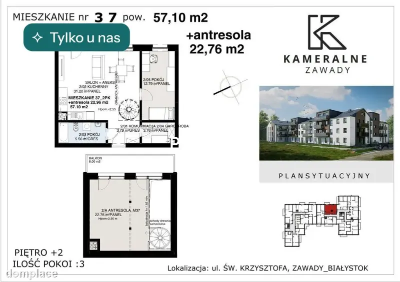 Kameralne Zawady - 57,10m2 + antresola 22,76m2