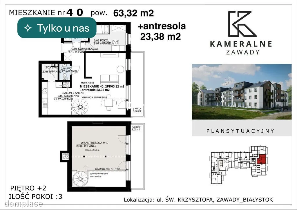 Kameralne Zawady - 63,32m2 + antresola 23,38m2